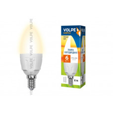 Лампа светодиодная led-c37-6вт/ww/e14/fr/s volpe. форма свеча, матовая колба. термопластик. теплый белый. серия simple. картонs 9441