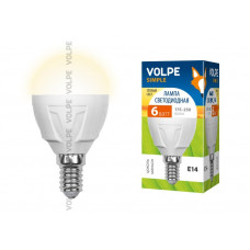 Лампа светодиодная led-g45-6вт/ww/e14/fr/s volpe. форма шар, матовая колба. термопластик. теплый белый. серия simple. картонs 9443