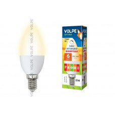 Лампа светодиодная диммируемая led-c37-6w//ww/e14/fr/dim/o 6вт, 450лм ,свеча, матовая, пластиковый, теплый белый, optima, картон, тм volpe%s 10697