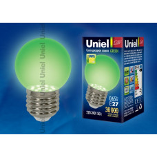 Лампа светодиодная led-g45-0,65вт/green/e27 для декоративной подсветки uniel. цвет зеленый. картон.s 4426