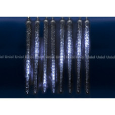 Занавес светодиодный фигурный uld-e3005-300/dtk blue ip44 icicle «сосульки», соединяемый. 10 подвесов. 300 светодиодов. размер 3х0,5м. синий. ip44. провод прозрачный. картон. 11125